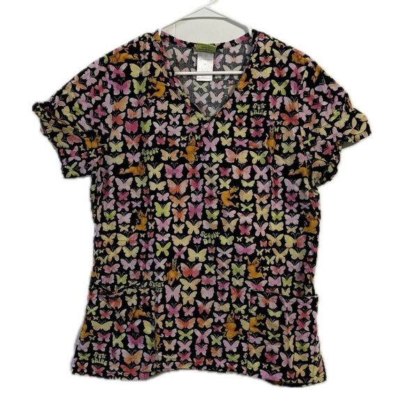 Scooby-doo women’s medium butterfly print short sleeve scrub top - Picture 1 of 5